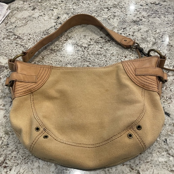 Fossil Leather and Canvas Fossil Bag w/ Fringe Pulls - Picture 2 of 10